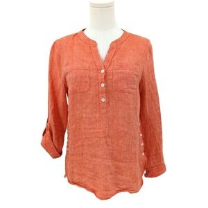 Talbots Petite Coral Linen Button Front Tunic Top Roll Tab Sleeves Coastal SP